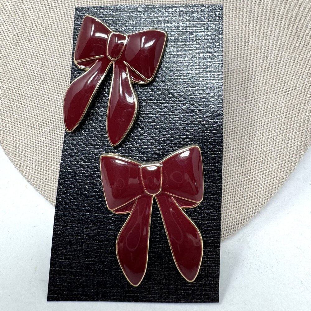 Vintage Red Bow Earrings Enamel Gold-Tone Statement Pierced Earrings